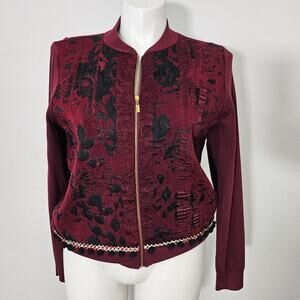 Joseph A Women's Zip Up Sweater Jacket Red Pom Pom Detail XL